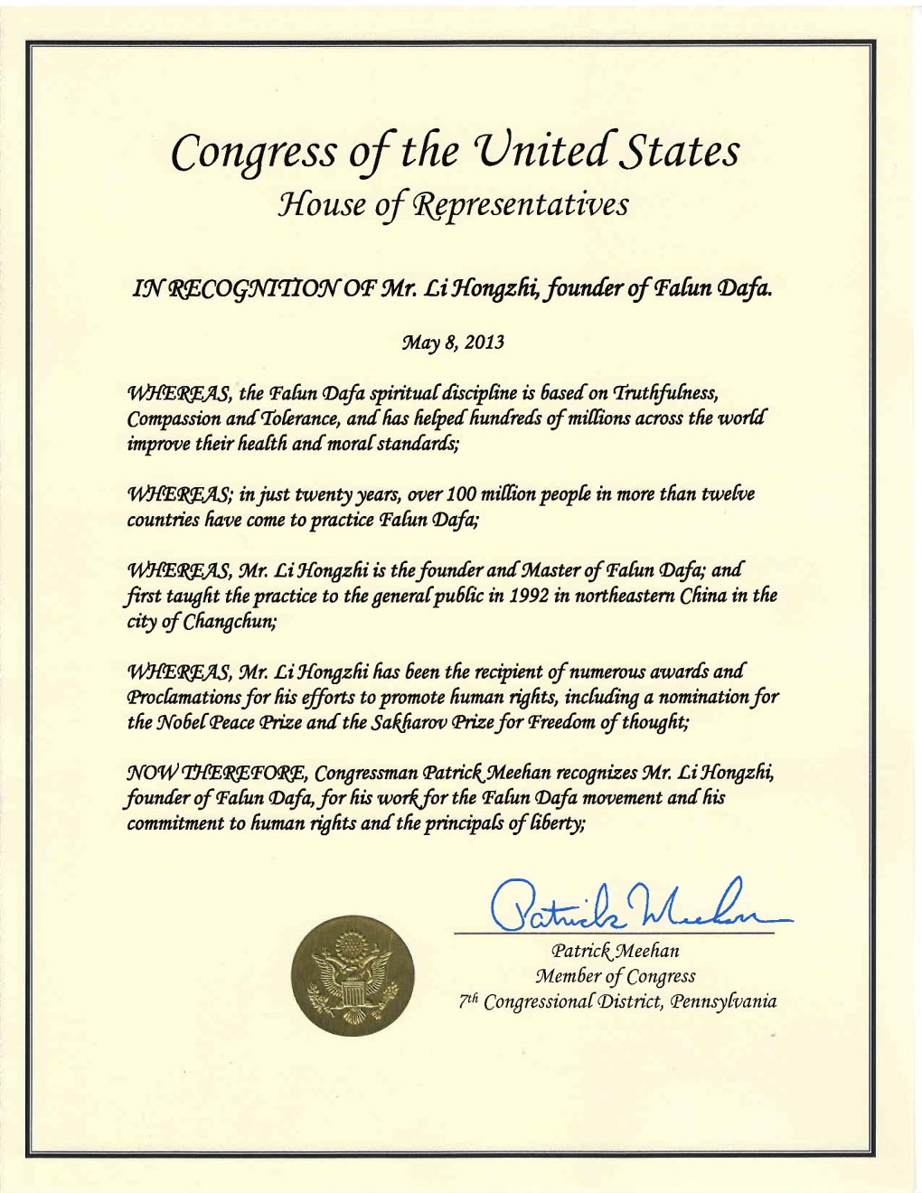 Falun Dafa Recognition - US Congressman