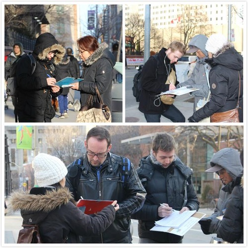 Warga Toronto menandatangani petisi untuk mendukung perlawanan damai Falun Gong.