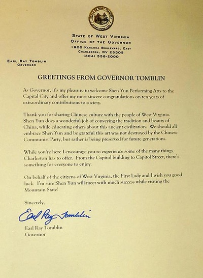 Surat dari Earl Ray Tomblin,Gubernur West Virginia