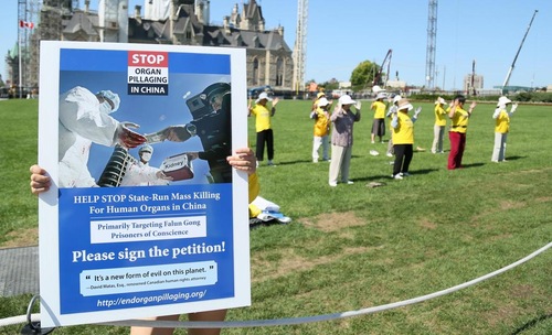 Peragaan latihan Falun Gong di depan Parliament Hill di Ottawa pada 26 Agustus 2016 yang meminta bantuan untuk menghentikan penganiayaan.