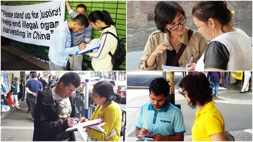 Para pejalan kaki menandatangani kartu pos untuk meminta perdana menteri Australia agar peduli terhadap penganiayaan Falun Gong selama kunjungannya ke Tiongkok