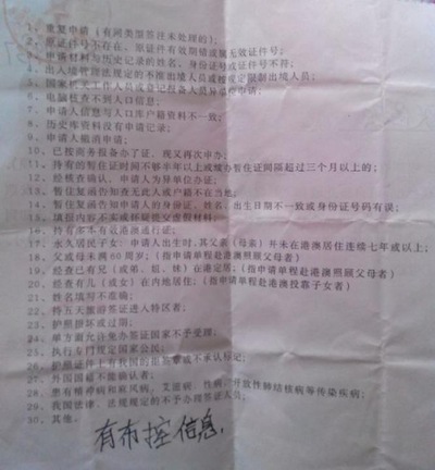 Surat penolakan (kembali) permohonan izin perjalanan Zhang yang baru. Tulisan tangan berbunyi 