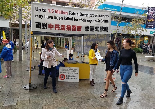Praktisi Falun Gong membagikan brosur kepada para pejalan kaki