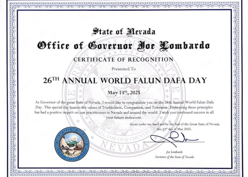 Image for article Nevada, USA: Governor and Lieutenant Governor Issue Certificates of Recognition to Mark World Falun Dafa Day