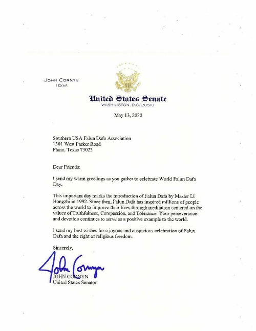 U.S. Senator and Congressman from Texas Send Greetings for World Falun ...