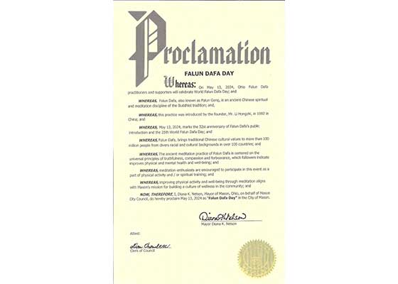 Image for article Ohio, US: Mayor of Mason Proclaims Falun Dafa Day