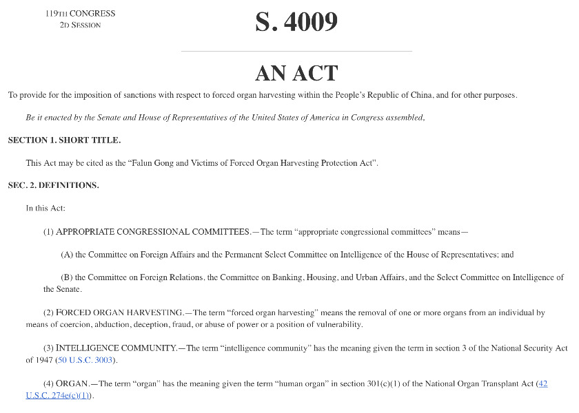 Image for article US Senate Passes S.4009: Falun Gong and Victims of Forced Organ Harvesting Protection Act